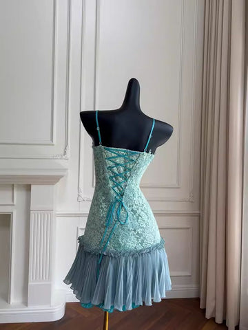 Barbie Raquel A Line Spaghetti Straps Green Lace Short Outfit Homecoming Dress HZ1023